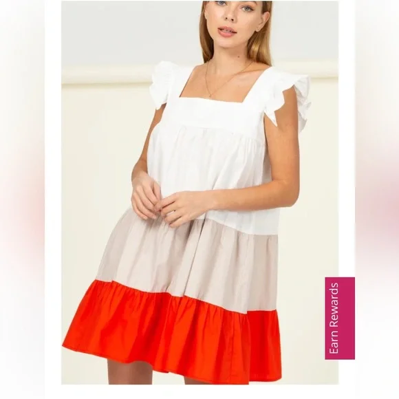 Red This Moment Color Block Tiered Mini Dress Babydoll Women’s Medium Coastal - Picture 2 of 6